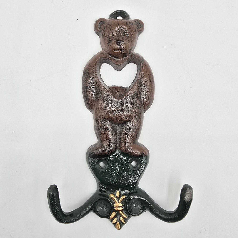 Vintage Cast Iron Teddy Bear‎ with Heart Wall Coat Hook Hanger 6" Cottagecore
